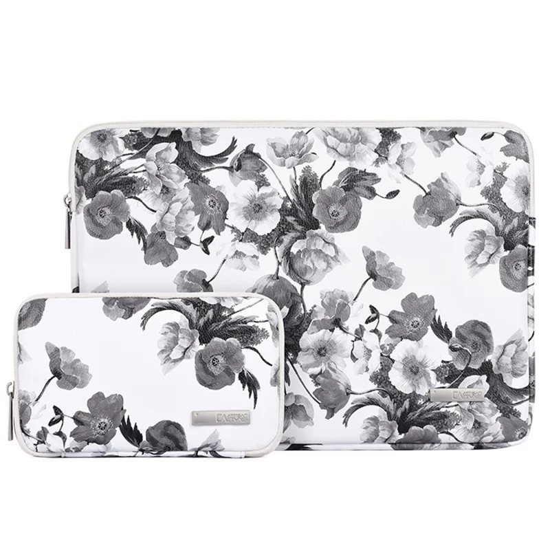 CANVASARTISAN G1-T0121 Watercolor Flower Pattern Laptop Sleeve Notebook Case with Small Bag - White/for 15-inch Laptop