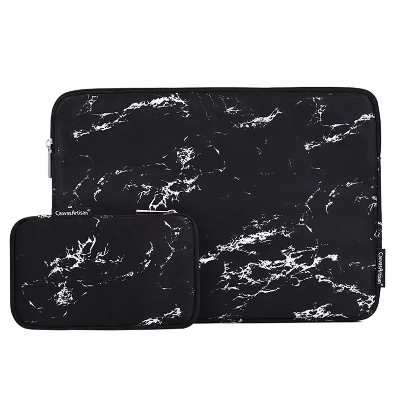 CANVASARTISAN H32-T0121 Marble Pattern Zipper Closure Laptop Carrying Bag Notebook Protective Sleeve with Small Bag - Black/for 11-inch Laptop