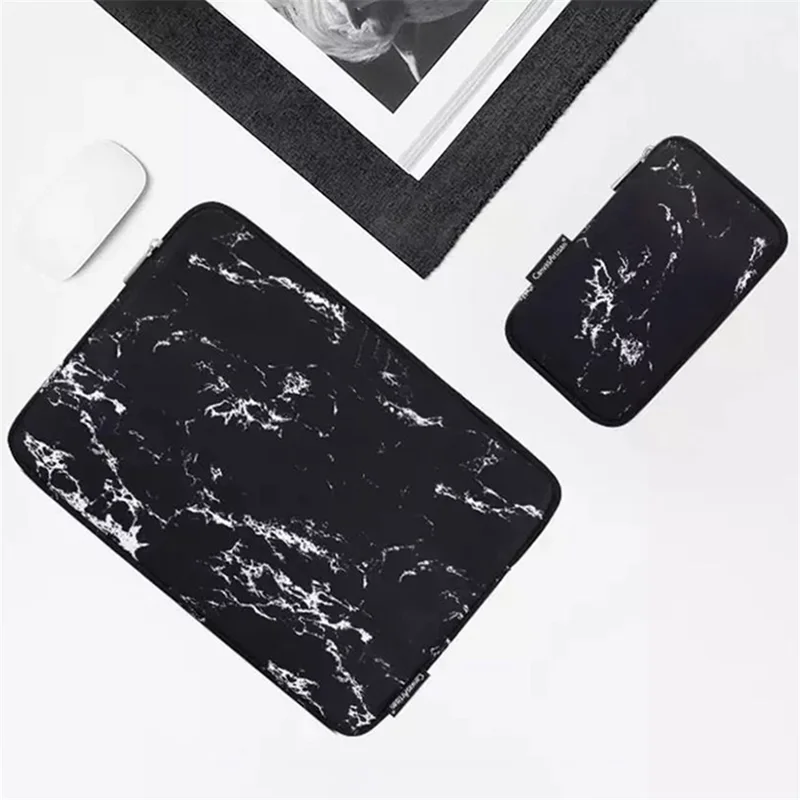 CANVASARTISAN H32-T0121 Marble Pattern Zipper Closure Laptop Carrying Bag Notebook Protective Sleeve with Small Bag - Black/for 11-inch Laptop