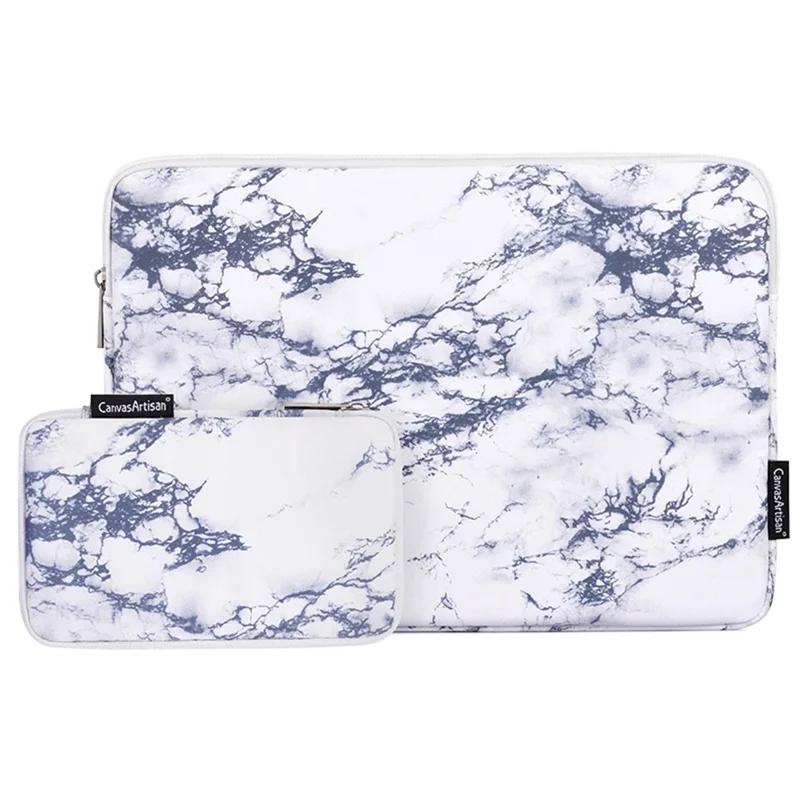 CANVASARTISAN H32-T0121 Marble Pattern Zipper Closure Laptop Carrying Bag Notebook Protective Sleeve with Small Bag - White/for 12-inch Laptop