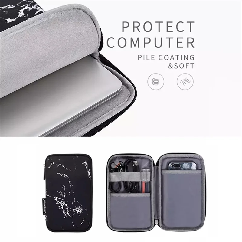 CANVASARTISAN H32-T0121 Marble Pattern Zipper Closure Laptop Carrying Bag Notebook Protective Sleeve with Small Bag - White/for 12-inch Laptop