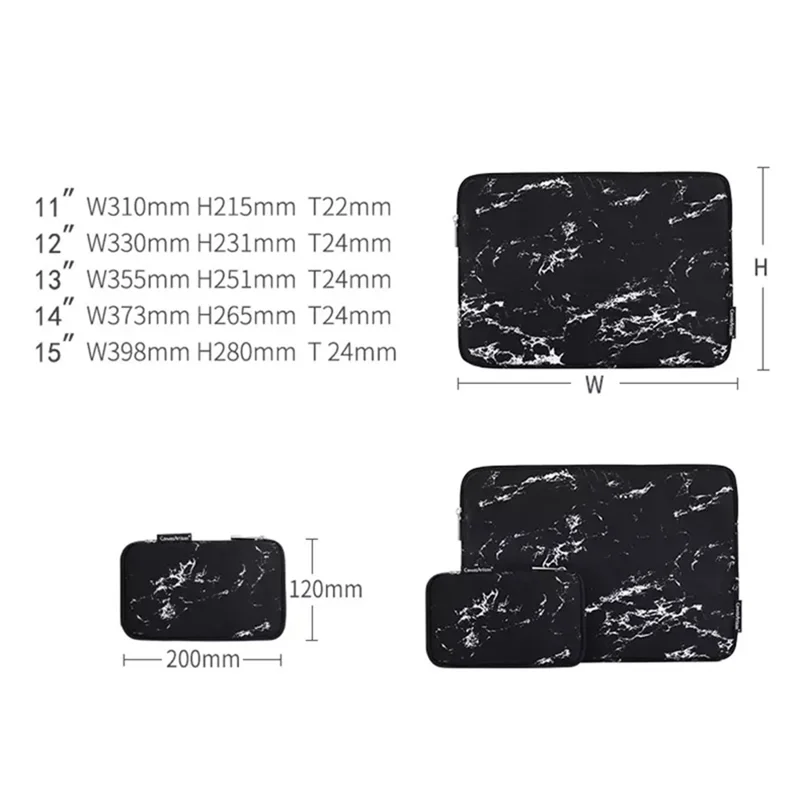 CANVASARTISAN H32-T0121 Marble Pattern Zipper Closure Laptop Carrying Bag Notebook Protective Sleeve with Small Bag - White/for 12-inch Laptop