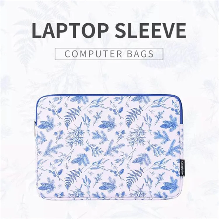 CANVASARTISAN G55-01 Leaves Printing Ultra Slim Notebook Carrying Bag Zipper Laptop Sleeve Case - White/for 11-inch Laptop