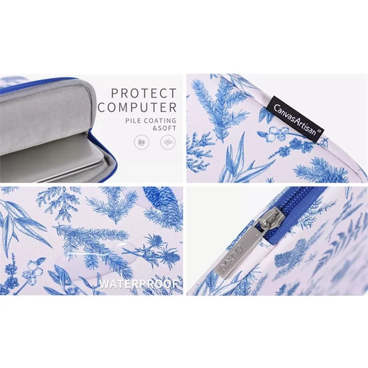 CANVASARTISAN G55-01 Leaves Printing Ultra Slim Notebook Carrying Bag Zipper Laptop Sleeve Case - White/for 11-inch Laptop