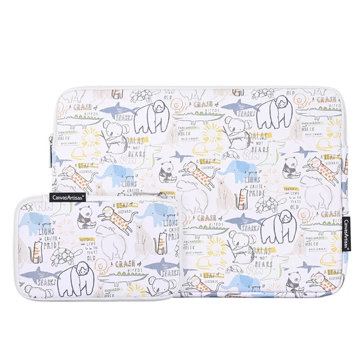 CANVASARTISAN G50-T0121 Cartoon Animals Printing Ultra-thin Laptop Sleeve Notebook Carrying Bag with Small Bag - White/for 11-inch Laptop
