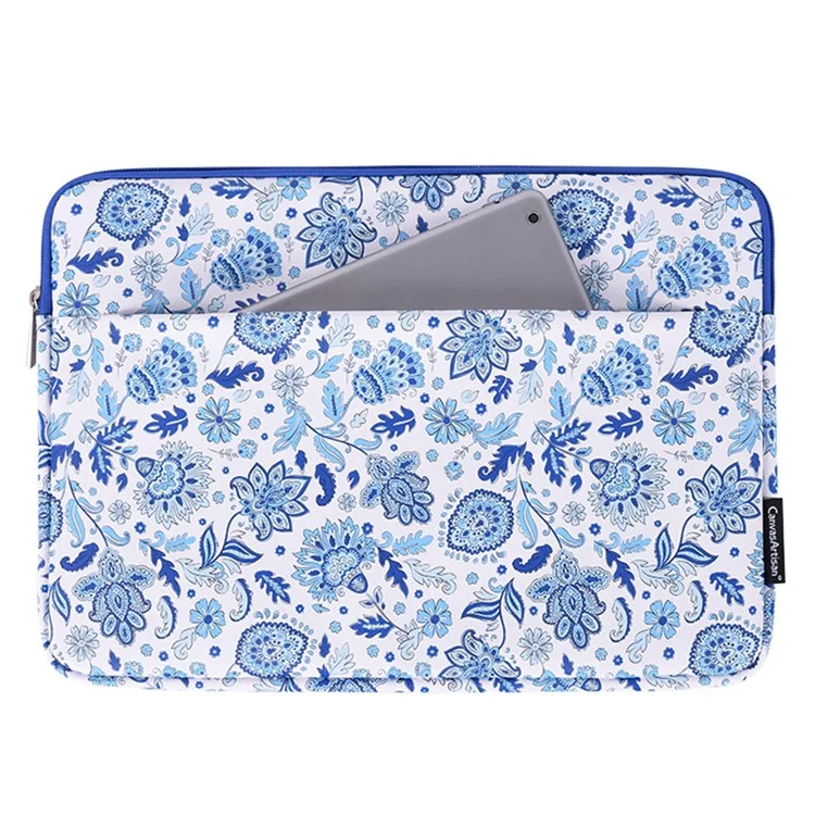 Canvasan G54-11 Bolso Frontal Zíper Pu Couro Laptop Sleeve Padrão De Flor De Proteção Completa Saco De Transporte - Azul / Branco / Para Laptop De 11 Polegadas