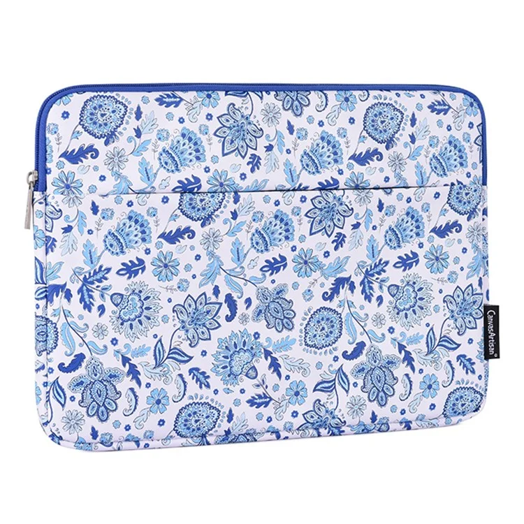 Canvasan G54-11 Bolso Frontal Zíper Pu Couro Laptop Sleeve Padrão De Flor De Proteção Completa Saco De Transporte - Azul / Branco / Para Laptop De 11 Polegadas