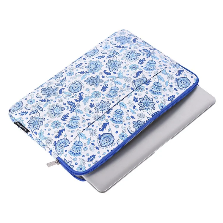 Canvasan G54-11 Bolso Frontal Zíper Pu Couro Laptop Sleeve Padrão De Flor De Proteção Completa Saco De Transporte - Azul / Branco / Para Laptop De 11 Polegadas