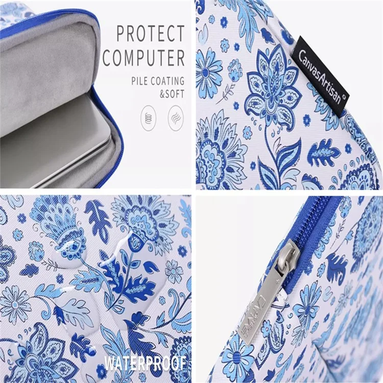 Canvasan G54-11 Bolso Frontal Zíper Pu Couro Laptop Sleeve Padrão De Flor De Proteção Completa Saco De Transporte - Azul / Branco / Para Laptop De 11 Polegadas