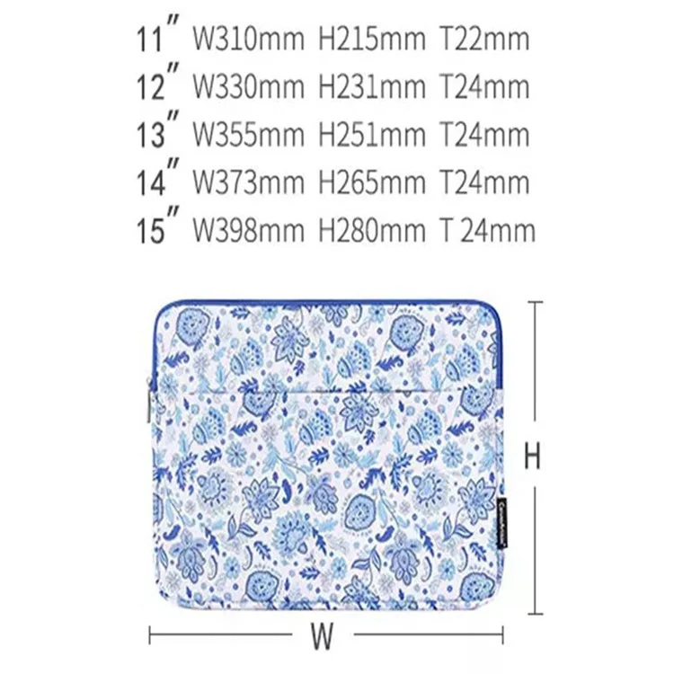 Canvasan G54-11 Bolso Frontal Zíper Pu Couro Laptop Sleeve Padrão De Flor De Proteção Completa Saco De Transporte - Azul / Branco / Para Laptop De 11 Polegadas