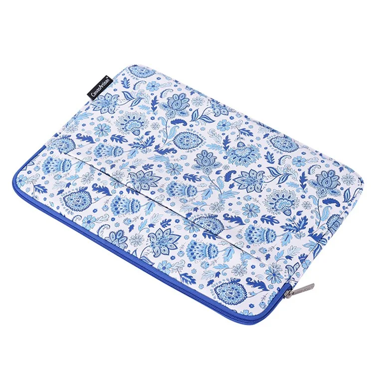 Canvasan G54-11 Bolso Frontal Zíper Pu Couro Laptop Sleeve Padrão De Flor De Proteção Completa Saco De Transporte - Azul / Branco / Para Laptop De 11 Polegadas