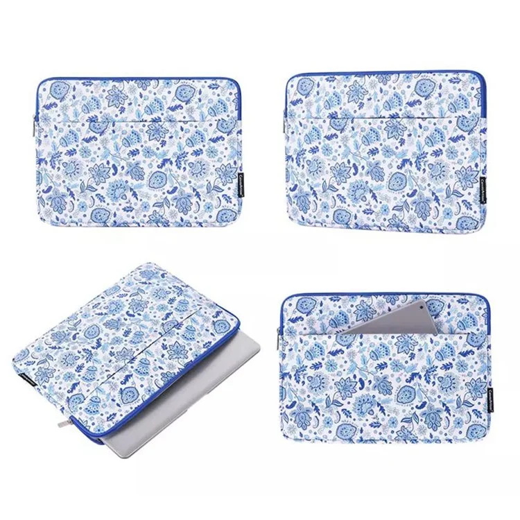 Canvasan G54-11 Bolso Frontal Zíper Pu Couro Laptop Sleeve Padrão De Flor De Proteção Completa Saco De Transporte - Azul / Branco / Para Laptop De 11 Polegadas