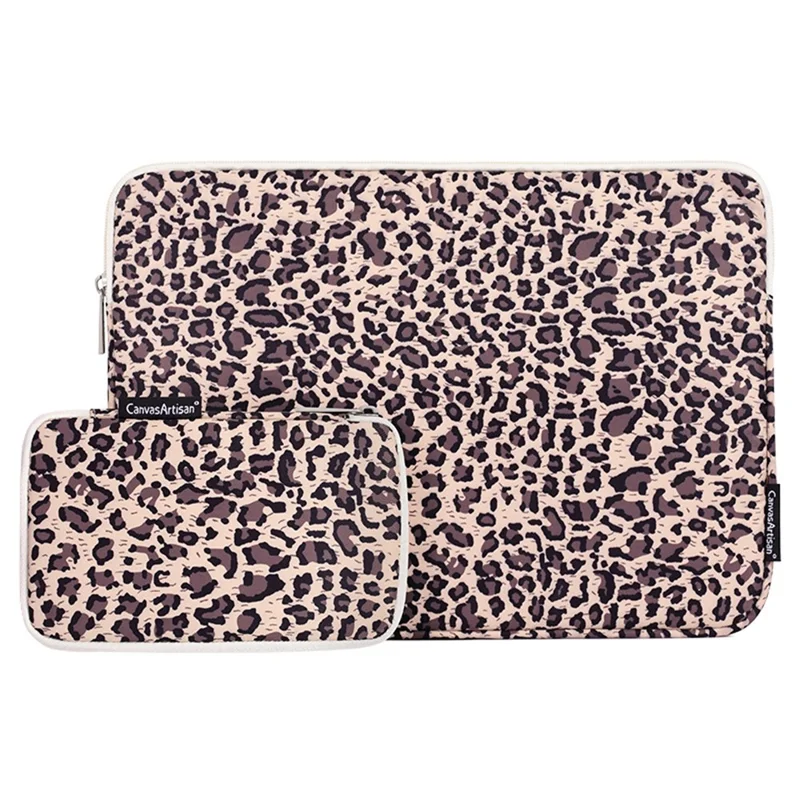 CANVASARTISAN H31-T0121 Leopard Pattern Laptop Sleeve Ultra-thin Computer Bag Pouch with Small Bag - Yellow/for 14-inch Laptop