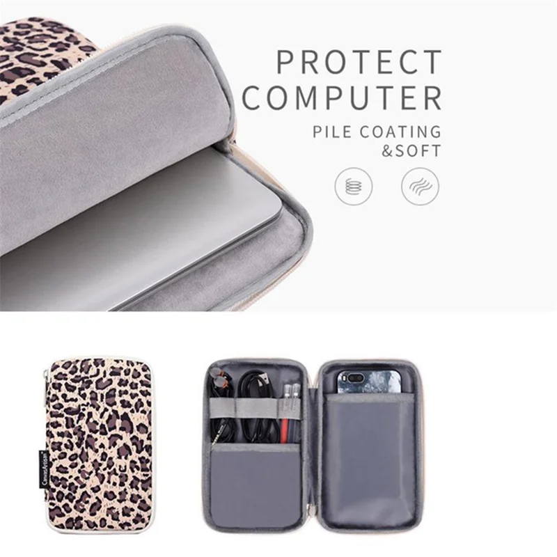 CANVASARTISAN H31-T0121 Leopard Pattern Laptop Sleeve Ultra-thin Computer Bag Pouch with Small Bag - Yellow/for 14-inch Laptop