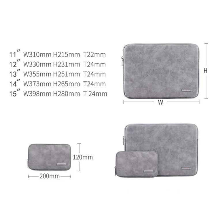 CANVASARTISAN L11-T0321 Solid Color PU Leather Notebook Case Shockproof Protective Sleeve Bag with Small Bag - Grey/for 11-inch Laptop