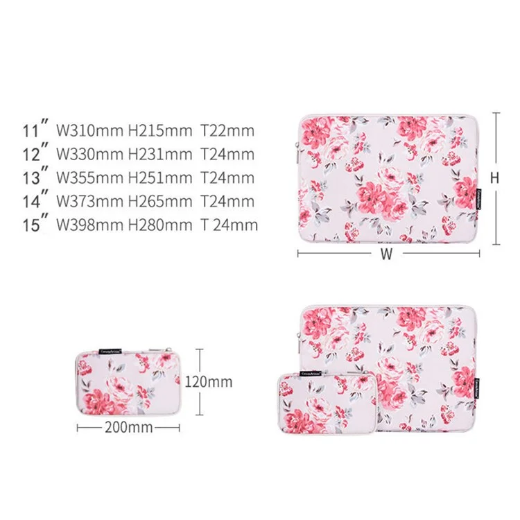 Canvasartisan H10-T0121 PC Portátil Transportando Estuche Acuarela Patrón De Flores Protector De Manga Portátil Con Bolsa Pequeña - Blanco / Para Portátil De 11 Pulgadas