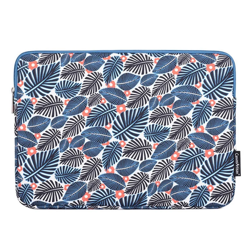 CANVASARTISAN H37-01 Polyester Notebook Bag Case Leaves Pattern Soft Liner Scratch-proof Laptop Sleeve - Blue/for 14-inch Laptop