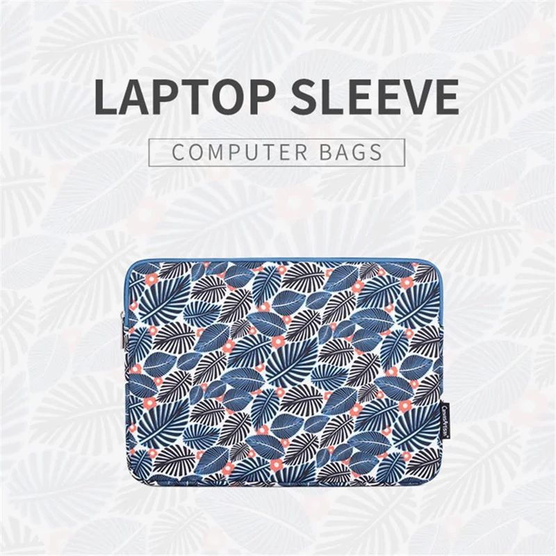 CANVASARTISAN H37-01 Polyester Notebook Bag Case Leaves Pattern Soft Liner Scratch-proof Laptop Sleeve - Blue/for 14-inch Laptop