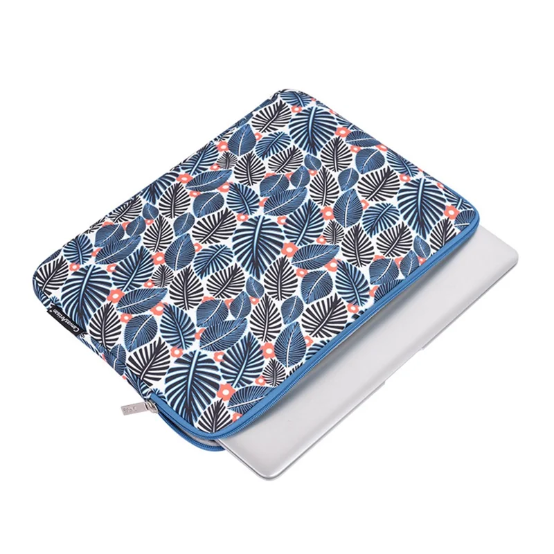 CANVASARTISAN H37-01 Polyester Notebook Bag Case Leaves Pattern Soft Liner Scratch-proof Laptop Sleeve - Blue/for 14-inch Laptop
