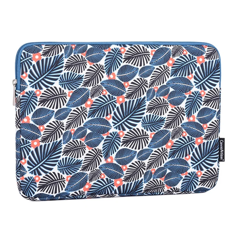 CANVASARTISAN H37-01 Polyester Notebook Bag Case Leaves Pattern Soft Liner Scratch-proof Laptop Sleeve - Blue/for 14-inch Laptop