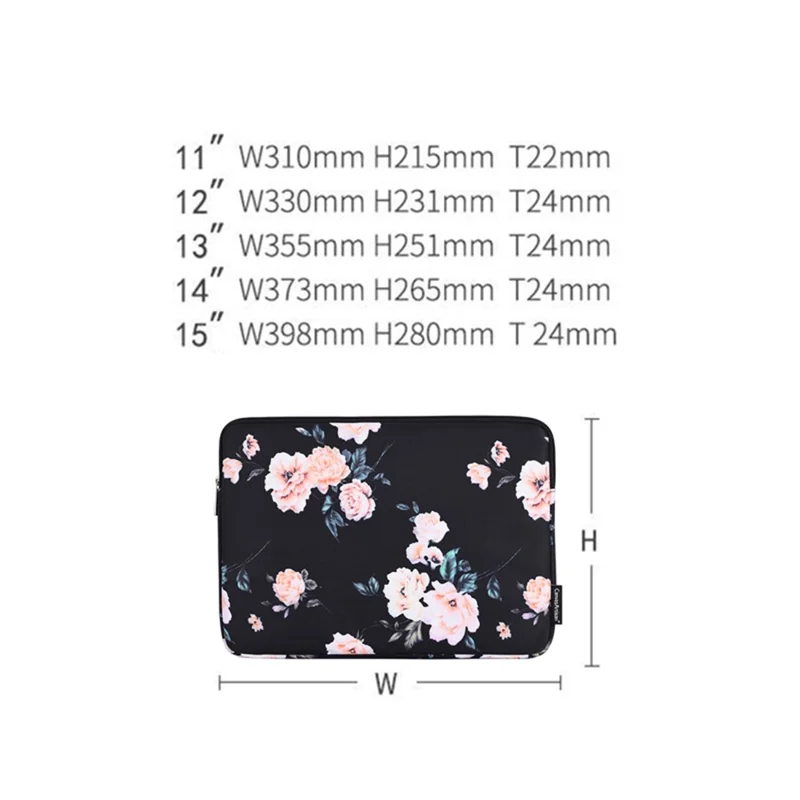 CANVASARTISAN H42-01 Etui na laptopa z nadrukiem kwiatów, ultracienkie ochronne etui na komputer, torba na notatnik - Czarny/do 13-calowego laptopa