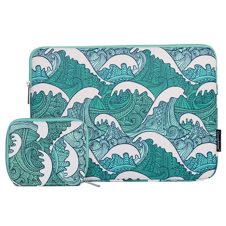 CANVASARTISAN H3-T0423 Sea Wave Printing Laptop Sleeve Carrying Case with Small Bag - Green/for 13-inch Laptop