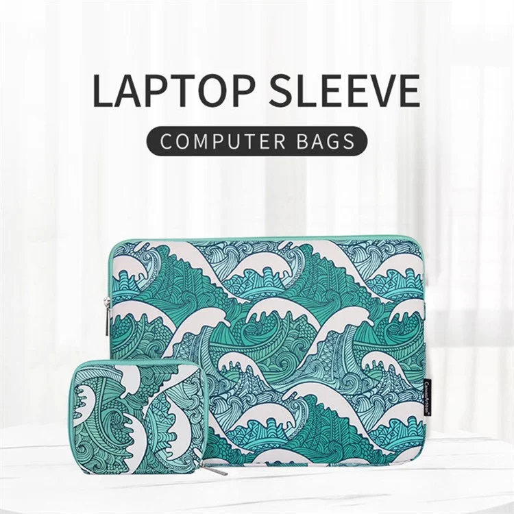 CANVASARTISAN H3-T0423 Sea Wave Printing Laptop Sleeve Carrying Case with Small Bag - Green/for 13-inch Laptop