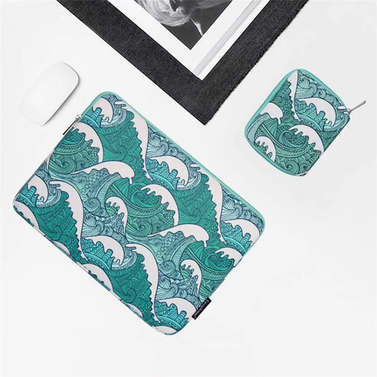 CANVASARTISAN H3-T0423 Sea Wave Printing Laptop Sleeve Carrying Case with Small Bag - Green/for 13-inch Laptop