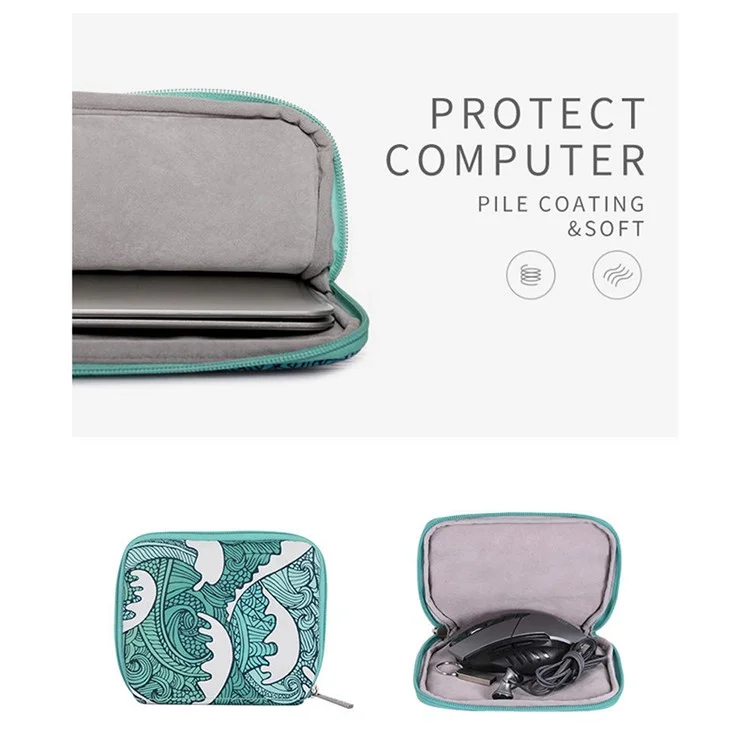 CANVASARTISAN H3-T0423 Sea Wave Printing Laptop Sleeve Carrying Case with Small Bag - Green/for 13-inch Laptop