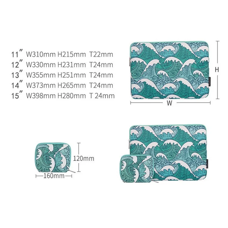 CANVASARTISAN H3-T0423 Sea Wave Printing Laptop Sleeve Carrying Case with Small Bag - Green/for 13-inch Laptop