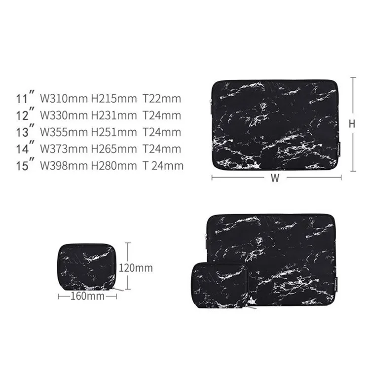 CANVASARTISAN H32-T0123 Marble Pattern Laptop PC Sleeve Soft Linner Notebook Bag with Small Bag - Black/for 11-inch Laptop