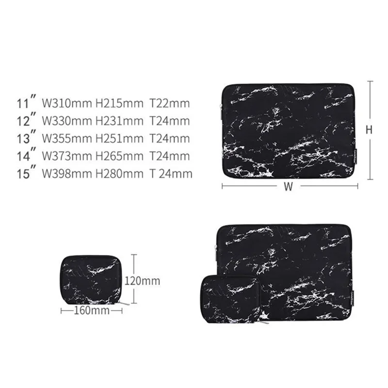 CANVASARTISAN H32-T0123 Marble Pattern Laptop PC Sleeve Soft Linner Notebook Bag with Small Bag - Black/for 13-inch Laptop