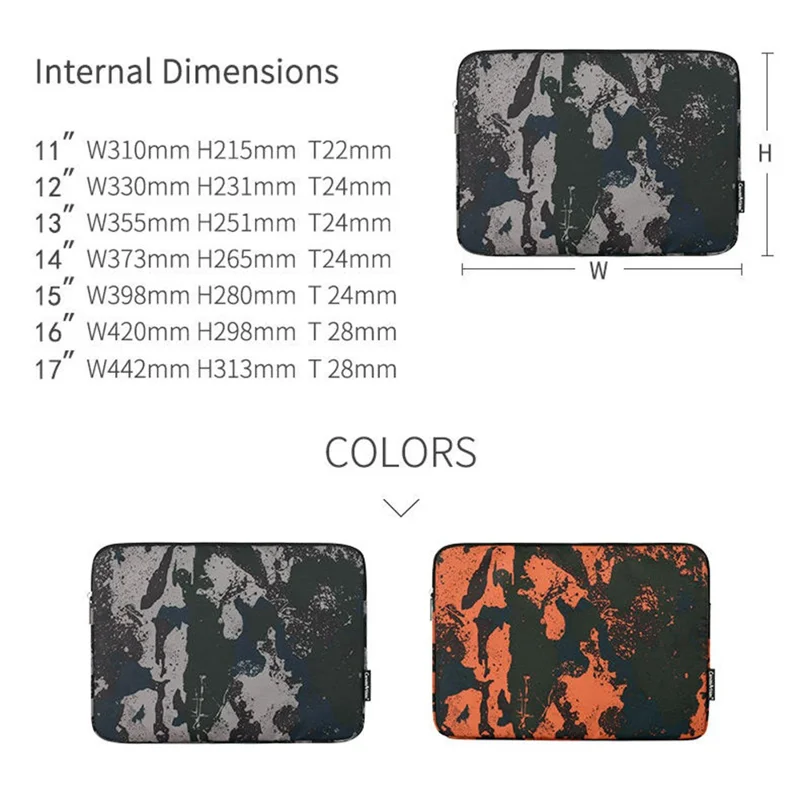 CANVASARTISAN H7-01 Laptop Sleeve med Camouflage-mønster, Blød Indvendig Notesbogstaske - Orange/til 13-inch Laptop
