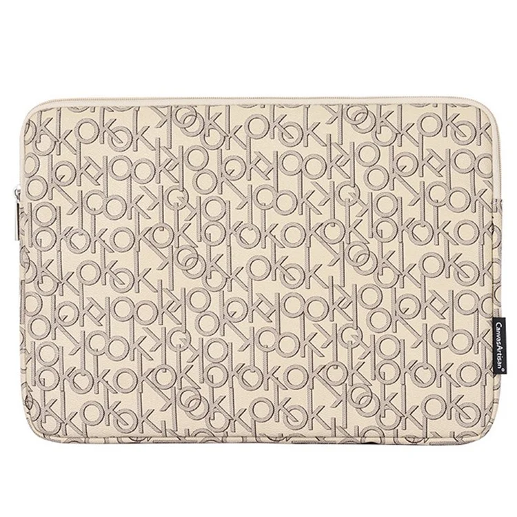 CANVASARTISAN G61-01 Letter OK Printed PU Leather Laptop Sleeve Protective Cover Notebook Case - Khaki/for 11-inch Laptop