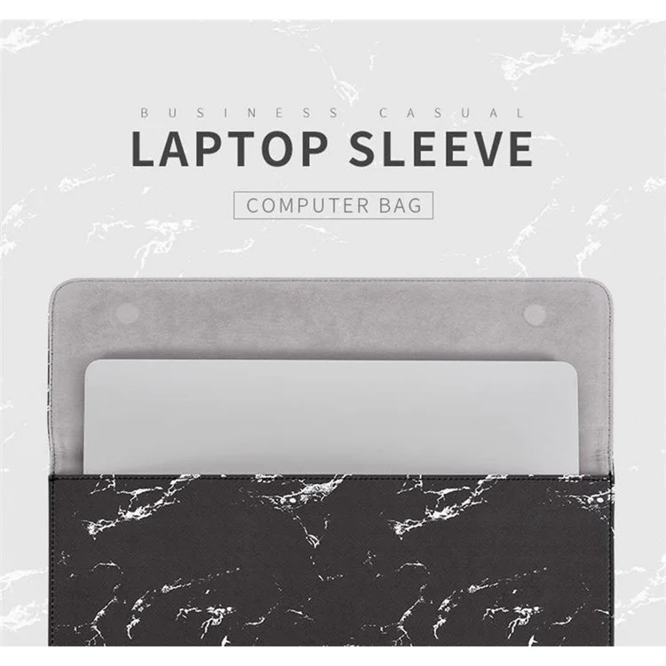 CANVASARTISAN E32-01 Magnetic Flip Cover PU Leather Laptop Sleeve Marble Pattern Notebook Carrying Bag - Black/White/for 14-inch Laptop