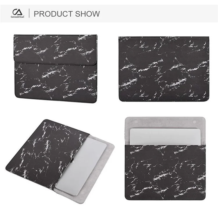 CANVASARTISAN E32-01 Magnetic Flip Cover PU Leather Laptop Sleeve Marble Pattern Notebook Carrying Bag - Black/White/for 14-inch Laptop
