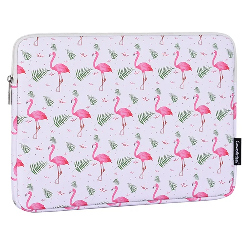 CANVASARTISAN G57-01 Läderlåda av PU för bärbar dator, chockabsorberande fodral med fågel- och lövönster - Vit/för 14 tumslaptop