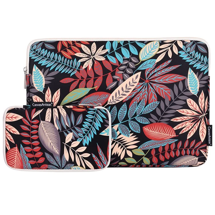 CANVASARTISAN H30-T0121 Leaves Printed Ultra-thin Protective Laptop Sleeve Zipper Notebook PC Bag with Small Bag - Black/for 11-inch Laptop