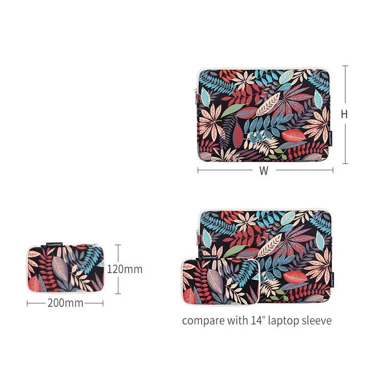 CANVASARTISAN H30-T0121 Leaves Printed Ultra-thin Protective Laptop Sleeve Zipper Notebook PC Bag with Small Bag - Black/for 11-inch Laptop