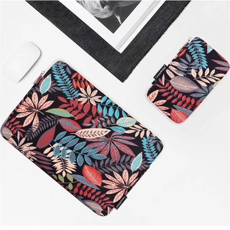 CANVASARTISAN H30-T0121 Leaves Printed Ultra-thin Protective Laptop Sleeve Zipper Notebook PC Bag with Small Bag - Black/for 11-inch Laptop
