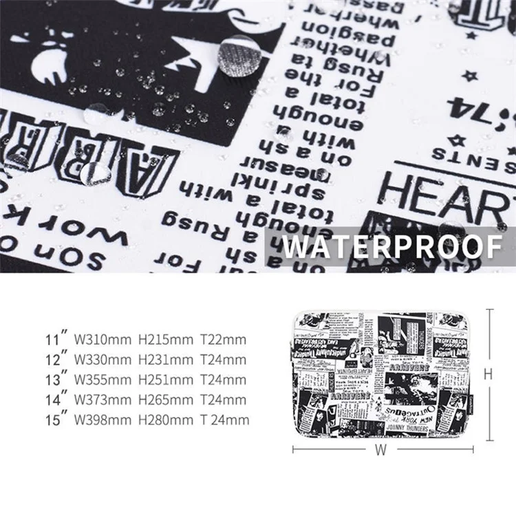 CANVASARTISAN H35-01 Newspaper Pattern Printing Laptop Protective Sleeve Case Notebook Carrying Cover Bag - White/13 inch