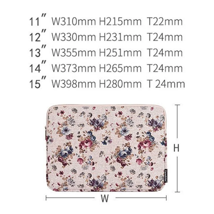 Canvasan H2-02 Laptop Manga Protetora Caso Tecido Flor Padrão Soft Learing Zipper Bag - Khaki / 11 polegadas