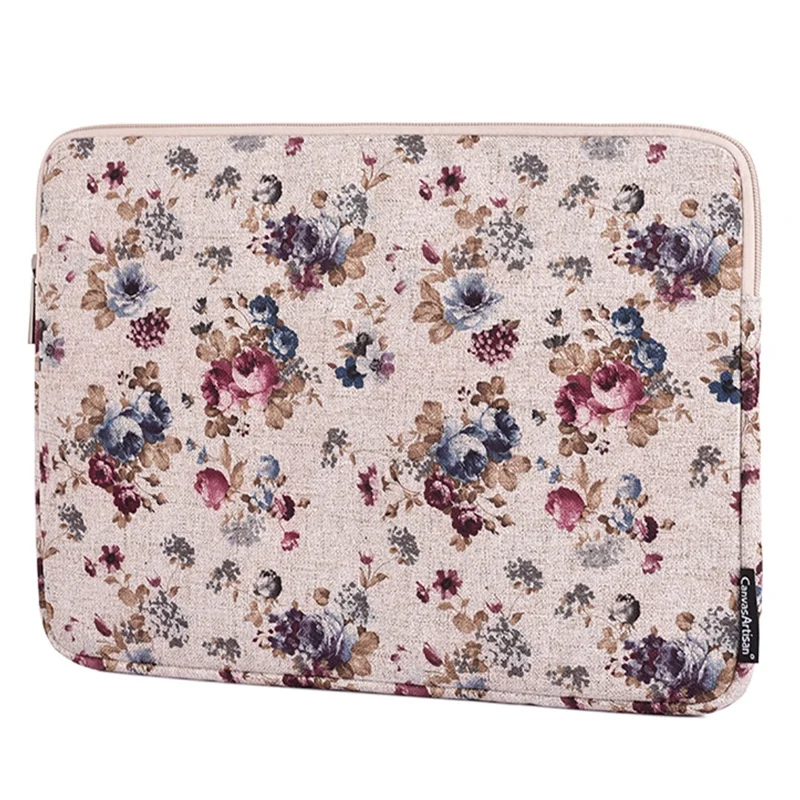 CANVASARTISAN H2-02 Laptop Sleeve Protective Case Fabric Flower Pattern Soft Carrying Zipper Bag Cover - Khaki/15 inch