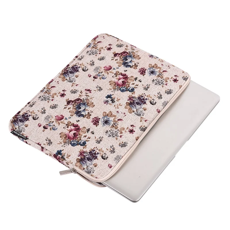 CANVASARTISAN H2-02 Laptop Sleeve Protective Case Fabric Flower Pattern Soft Carrying Zipper Bag Cover - Khaki/15 inch