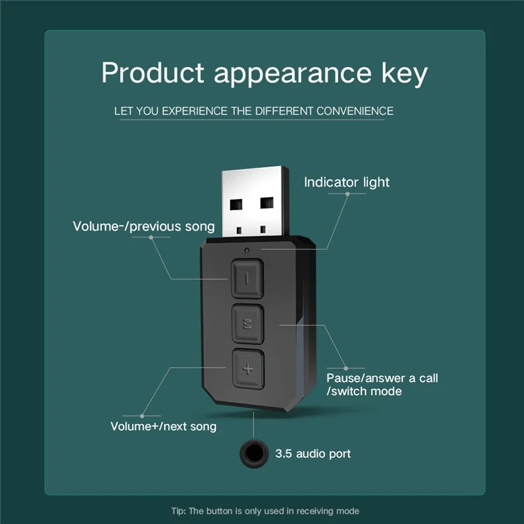 RT02 Bluetooth-compatible Transmitter + Receiver 2-in-1 Design Portable Wireless Bluetooth-compatible Adapter for Cars/TVs/Mobile Phone/PCs