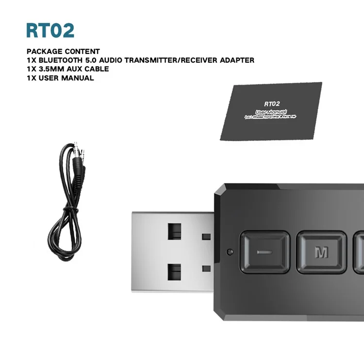 RT02 Bluetooth-compatible Transmitter + Receiver 2-in-1 Design Portable Wireless Bluetooth-compatible Adapter for Cars/TVs/Mobile Phone/PCs