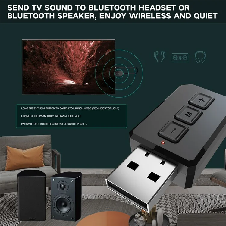 RT02 Bluetooth-compatible Transmitter + Receiver 2-in-1 Design Portable Wireless Bluetooth-compatible Adapter for Cars/TVs/Mobile Phone/PCs