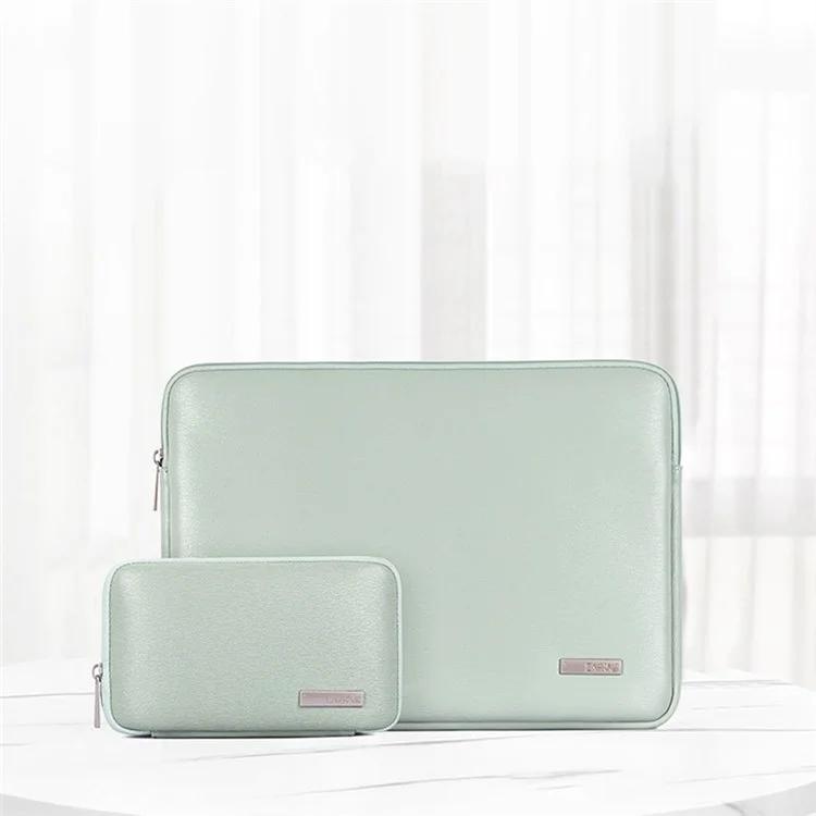 CANVASARTISAN L6-T0421 14'' Laptop Sleeve Simple Style PU Leather Full Protection Notebook Computer Bag with Small Pouch for Students Teachers Business Men - Green