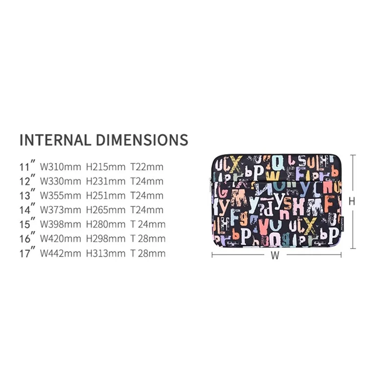 CANVASARTISAN H18-11 Soft Lining 12-inch Laptop Storage Pouch Watercolor Letter Pattern Zipper Notebook Bag