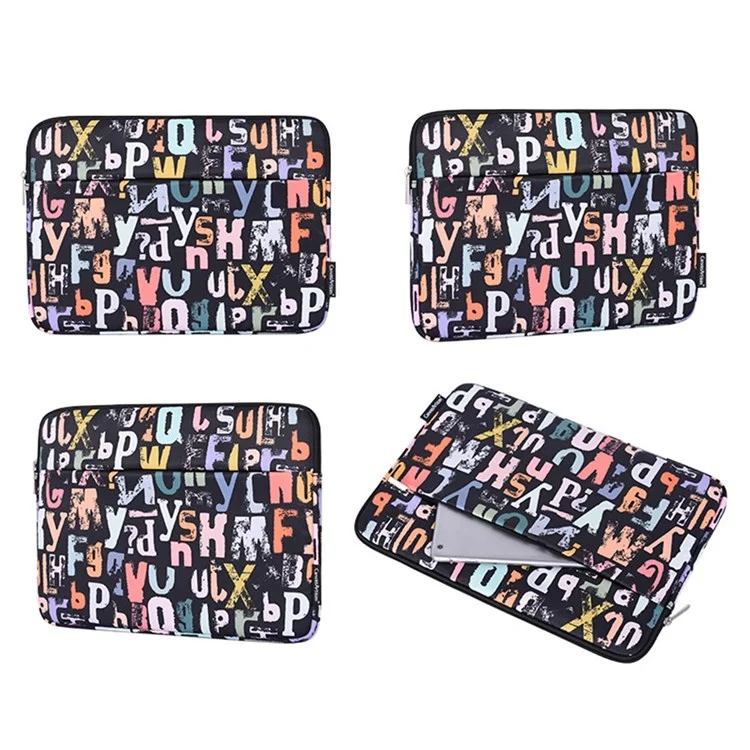 CANVASARTISAN H18-11 Soft Lining 12-inch Laptop Storage Pouch Watercolor Letter Pattern Zipper Notebook Bag